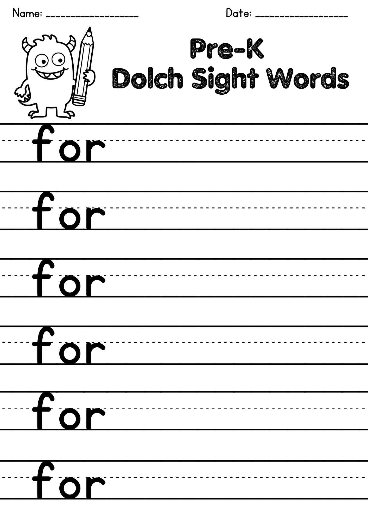 "for" Dolch Sight Word Writing Page – Free PDF Download